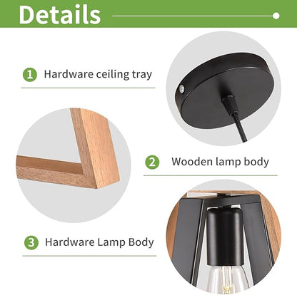 Kitchen Island Pendant Lights, Black Industrial Metal and Vintage Wood Hanging Light, Mini Farmhouse Chandelier, Adjustable Height Rustic Ceiling Lamp for Entryway, Dining Room, Foyer