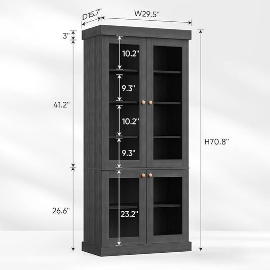 70.8" Farmhouse Kitchen Pantry Cabinet with Glass Doors, Modular Storage Cabinet with 6-Tier Adjustable Shelves, Large Storage Cabinet for Kitchen or Living Room, Set of 3, Black