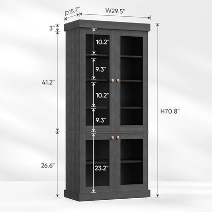 70.8" Tall Farmhouse Kitchen Pantry Cabinet with Glass Doors, Modular Storage Cabinet with 6-Tier Adjustable Shelves, Large Storage Cabinet for Kitchen or Living Room, Set of 3, Black