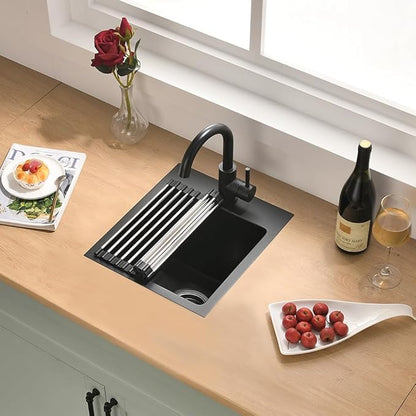 Drop in Black Bar Sink, 13x15 Inch Matte Black Granite Composite Quartz Small Kitchen Prep Sink RV Wet Bar Topmount Single Bowl with Small Rubber Squeegee