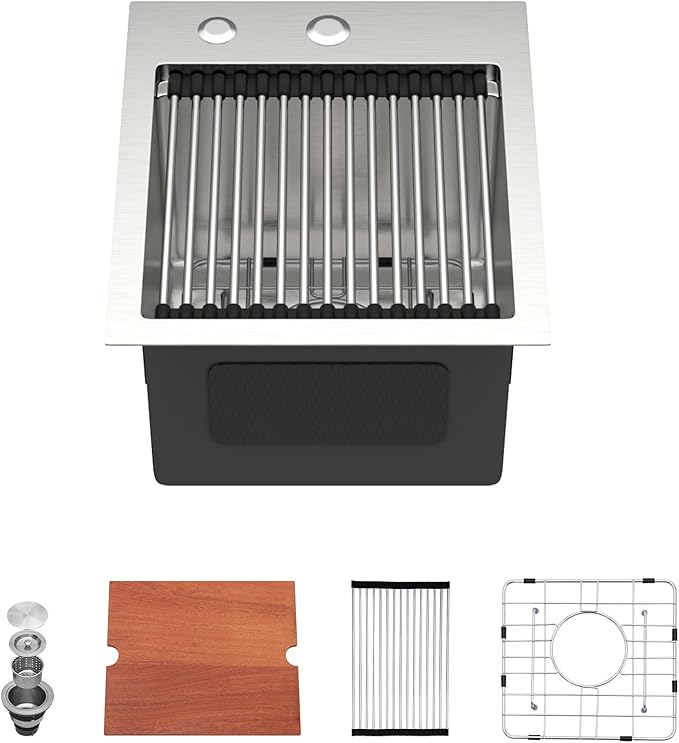 Dcolora Drop In Bar Sink 13x15x9 Inches, Workstation with Accessories, Brushed 304 Stainless Steel, Heavy Duty 16 Gauce, Small Single Bowl Perfect for Small Kitchen, Bar, Kitchen Island #DC-TW258005