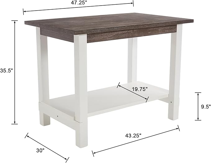 47.25" Dining Table for 2 4 6 Rectangular Solid Wood High Top Table, Rustic Dining Room Table with Open Shelves for Kitchen, Living Room, Home Office, Brown Brush and White