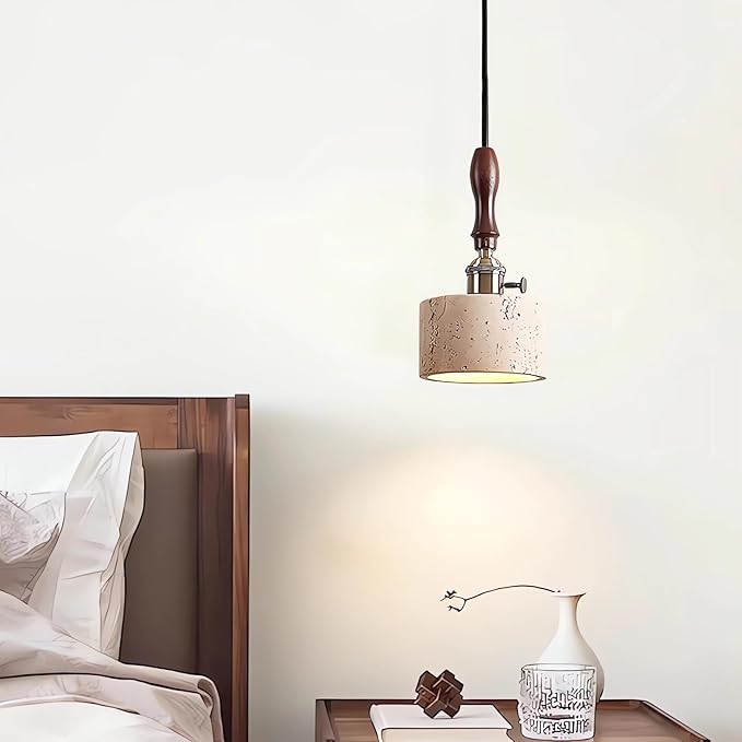 Japanese Wabi sabi Pendant Light with Natural Stone Shade, Dimmable Modern Wood Hanging Lamp Fixture, Adjustable Height Pendant Lamp for Bedroom, Kitchen Island, Dining Room, Restaurant, Cafe, Bar (F)