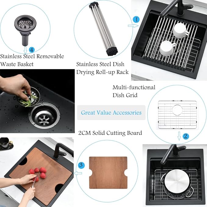 15x15 Black Drop In Bar Sink Workstation -Bokaiya 15 Inch Quartz Outdoor Rv Wet Bar Sink Single Bowl Small Drop In Kitchen Sinks with Cutting Board