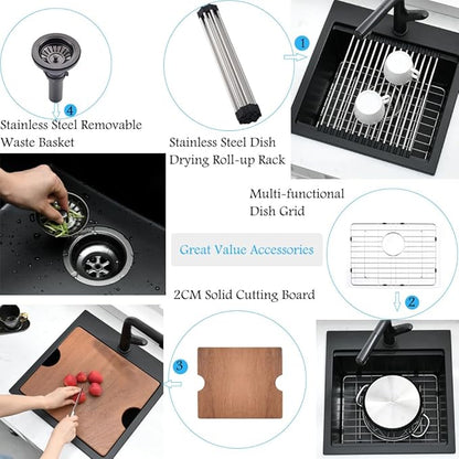21 Inch Black Drop In Bar Sink Quartz Workstation-Bokaiya 21x20 Drop In Kitchen Sink Matte Black Quartz Composite Small Outdoor Rv Single Bowl Wet Bar Sinks with Cutting Board