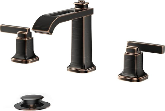 FORIOUS 3 Hole Oil Rubbed Bronze Bathroom Faucet,8 Inch Widespread Bathroom Vanity Faucets with Metal Pop Up Drain, Unique Waterfall Design