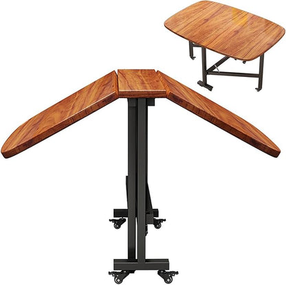 Multifunction Table Drop Leaf Dining Table , 39in/47in Solid Wooden Foldable Kitchen Table with 6 Wheels (Brown), Space Saving Folding Kitchen Table, for Small Spaces Kitchen, Bedroom, Living Room(47.