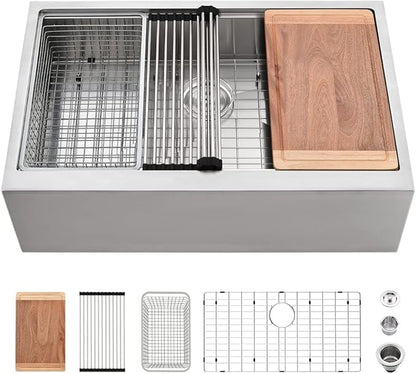 30 Inch Farmhouse Sink Stainless Steel-VASOYO 30x22 Farm Sink Apron Front Farmhouse Kitchen Sinks Workstation 16 Gauge Stainless Steel Single Bowl Kitchen Sinks Undermount with Cutting Board