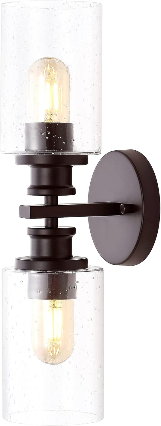 JONATHAN Y 16.5" Oil Rubbed Bronze 2-Light LED Wall Sconce, Modern Farmhouse Vanity Light with Seeded Glass Shade, Industrial Iron Fixture for Bathroom Mirror, LED Bulbs Included (JYL7577B)