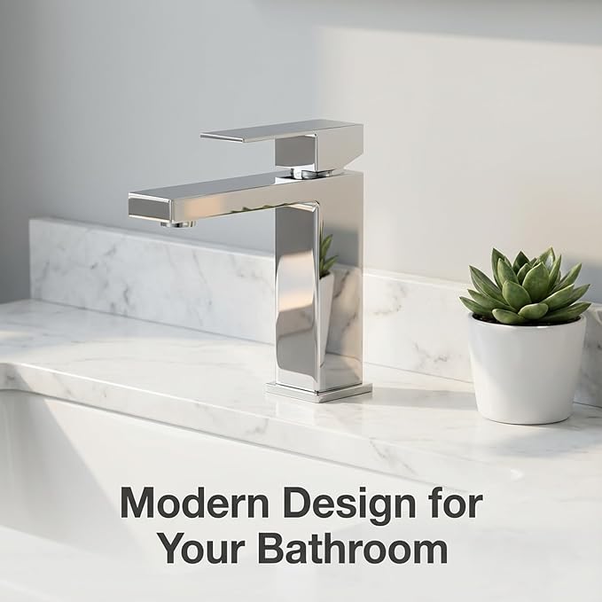 AVSIILE Chrome Bathroom Faucet, Single Hole Vanity Bath Faucet, Single Handle Modern Stainless Steel Bathroom Faucets for Sink 1 Hole with Pop Up Drain Stopper & Water Supply Hoses