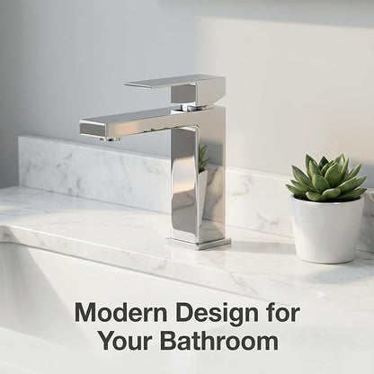 AVSIILE Chrome Bathroom Faucet, Single Hole Vanity Bath Faucet, Single Handle Modern Stainless Steel Bathroom Faucets for Sink 1 Hole with Pop Up Drain Stopper & Water Supply Hoses