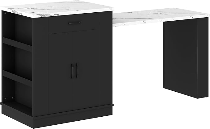 Modern Kitchen Island with Storage, Black MDF Particle Board, Marble Top, Extendable Counter Space, Multiple Drawers and Shelves, 80.7x33.4x35.3 Inches