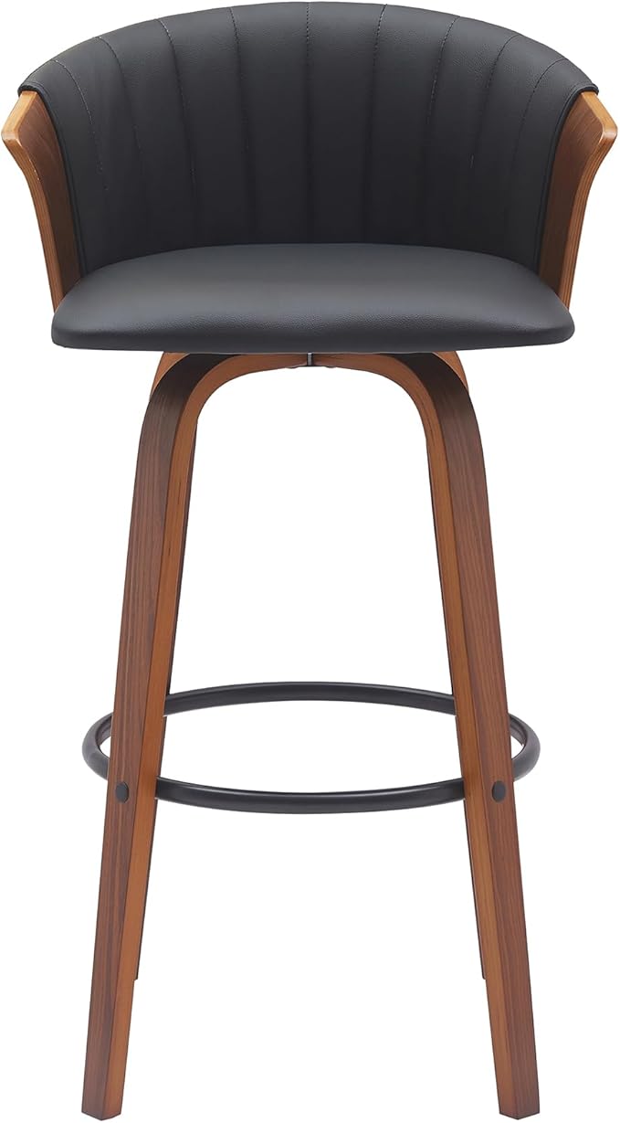 Armen Living Diana 30" Seat Height Mid Century Modern Swivel Walnut Wood Bar Stool for Kitchen Island Counter in Black Faux Leather