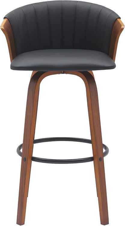Armen Living Diana 30" Seat Height Mid Century Modern Swivel Walnut Wood Bar Stool for Kitchen Island Counter in Black Faux Leather