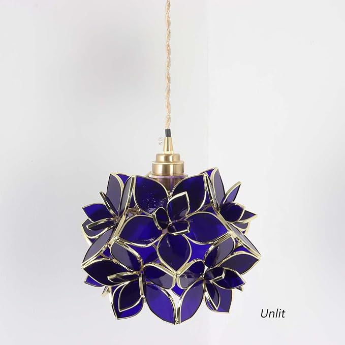 Bieye L11016 Petals Tiffany Style Stained Glass Ceiling Pendant Light for Home Decoration (Cobalt Blue, 8" Rose Lily)