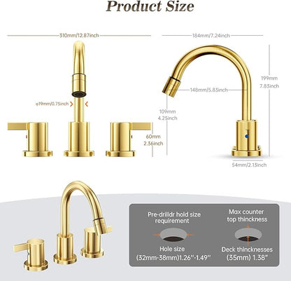 Phiestina Pull Down Sprayer Brushed Gold 8 Inch Bathroom Sink Faucet, 2 Handles 3 Hole Widespread Pull Out Bathroom Faucet，with Pop Up Drain and Water Supply Line,BF04022-K01-BG