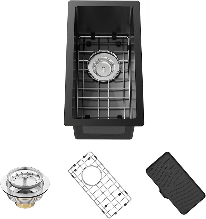 Black Kitchen And Bar Sink,10x18 Inch Stainless Steel Drop In Single Bowl Undermount RV Prep Small Kitchen&Bar Sink Ideal Choice For Small Space Come With Bottom Grid,Soap Mat And Drain Assembly