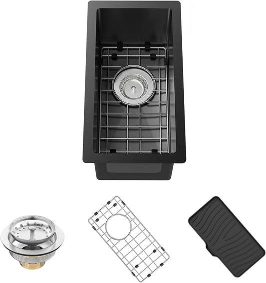 Black Kitchen And Bar Sink,10x18 Inch Stainless Steel Drop In Single Bowl Undermount RV Prep Small Kitchen&Bar Sink Ideal Choice For Small Space Come With Bottom Grid,Soap Mat And Drain Assembly