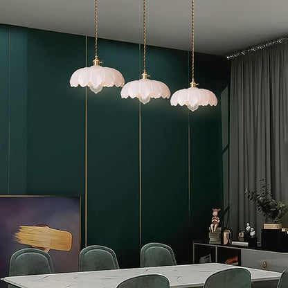 Mid Century Modern Pendant Light Nordic White Chandelier with Hand Blown Flower Glass Shade Brass Adjustable Height Dining Table Pendant Lamp with Switch for Kitchen Island Dining Room Hotel