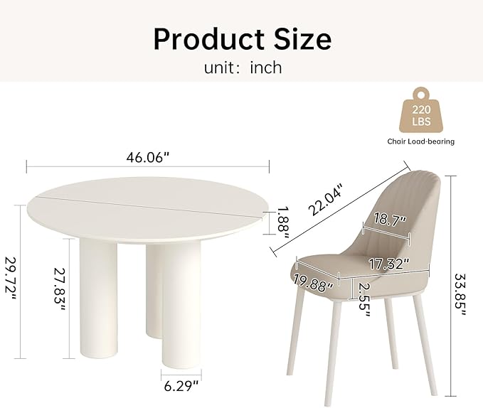 Miuuod 46in White Round Dining Table with 4 Chairs,Sturdy Kitchen Table,Large Center Coffee Table Set for 2-6 People,Leisure Round Table for Balcony Dining Room,Living Room