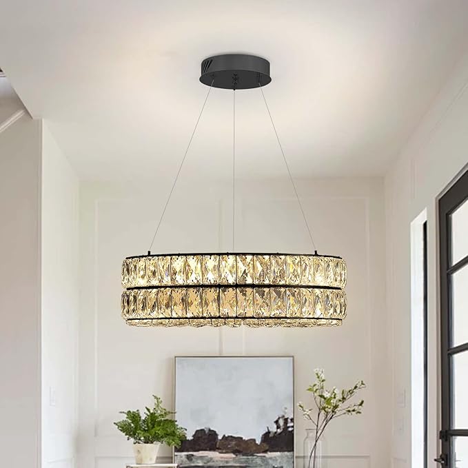 Modern Dimmable Led Crystal Ring Chandelier Adjustable Ring Pendant Light for Living Room Dining Room 15.7inch Black