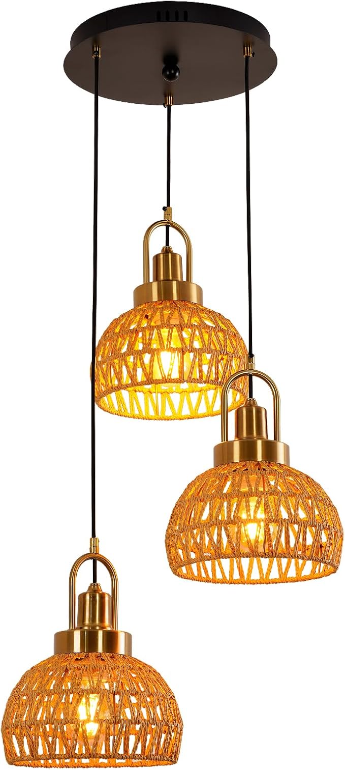 Modern Boho Gold Rattan Pendant Light 3-Lights Vintage Farmhouse Rattan Pendant Light Fixture Hand Woven Golden Bamboo Wicker Pendant Lights for Kitchen, Stairwell, Entryway, Living Room
