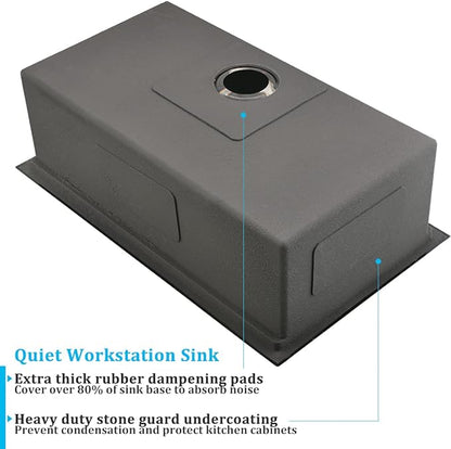 Black Undermount Kitchen Sink, 32x19 Kitchen Sink Undermount Black Stainless Steel Sinks Ledge Workstation 16 Gauge Deep Single Bowl Basin with Cutting Board
