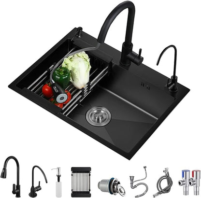 Black Stainless Steel Kitchen Sink, Single Bowl Kitchen Sink, Drop In/Topmount Workstation Sink with Sliding Accessories, Farmhouse Workstation Sink with Multiple Accessories (21.7 x 17.7in)