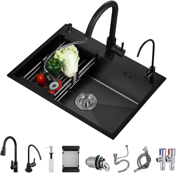 Black Stainless Steel Kitchen Sink, Single Bowl Kitchen Sink, Drop In/Topmount Workstation Sink with Sliding Accessories, Farmhouse Workstation Sink with Multiple Accessories (29.5 x 17.7in)