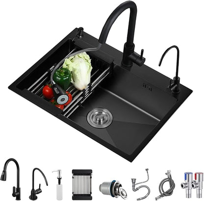 Black Stainless Steel Kitchen Sink, Single Bowl Kitchen Sink, Drop In/Topmount Workstation Sink with Sliding Accessories, Farmhouse Workstation Sink with Multiple Accessories (29.5 x 17.7in)