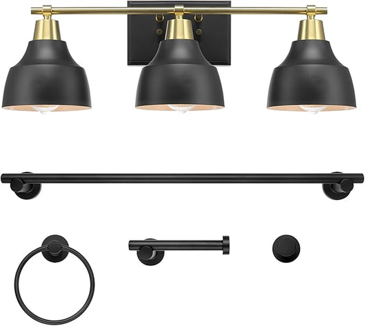 Globe Electric 63000204 5-Piece All-in-One Bathroom Accessory Set, 3-Light Vanity Light, Matte Black & Brass, Towel Bar, Robe Hook, Toilet Paper Holder, Towel Ring, Bath, Bathroom Lights Over Mirror