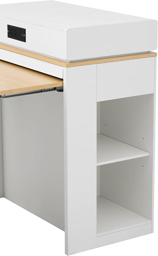 Extendable Dining Table with Folding Leaves & Power Outlet, Convertible Kitchen Island on Wheels with Storage Drawers and Hooks, for Small Spaces (57.70+Creamy White+Natural)