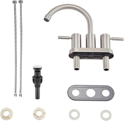 IKEBANA Brushed Nickel Bathroom Faucet, 2 Handle Bathroom Sink Faucets Centerset, 360° Swivel High-Arc Spout Modern 4 inch Bath Faucet Lead-Free for Vanity Lavatory with Pop-up Drain & Water Hoses