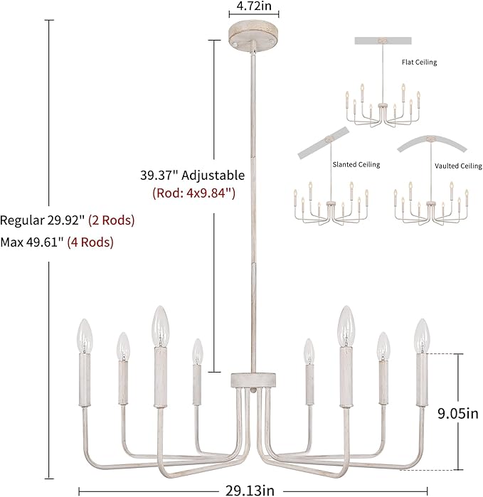 French Country Chandelier, 8-Light Farmhouse Chandelier for Dining Room, Antique White Chandelier Light Fixtures, Candle Hanging Pendant Lights for Kitchen Living Room Bedroom Foyer