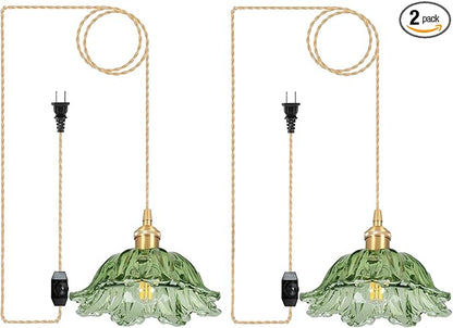 Plug in Pendant Light Fixtures,Hanging Light Fixture Corded On/Off Switch,10.6in E26 Green Glass Lampshade Pendant Lighting for Kitchen Island, Bedroom, Dining Room 2pack