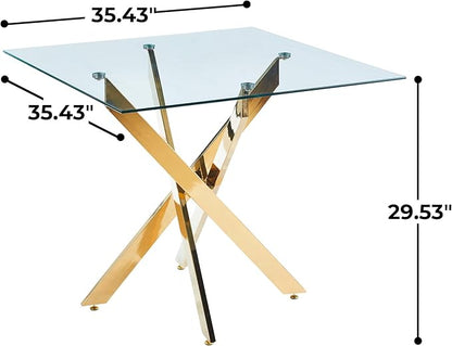 Square Glass Dining Table 35.4'' Inch Modern Square Kitchen Table with Metal Legs Durable Stylish Dinner Table for Dining Room Kitchen