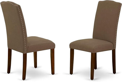 East West Furniture ENP3T18 Encinal Parson Dining Chairs - Nailhead Trim Dark Coffee Linen Fabric Upholstered Chairs, Set of 2, Mahogany