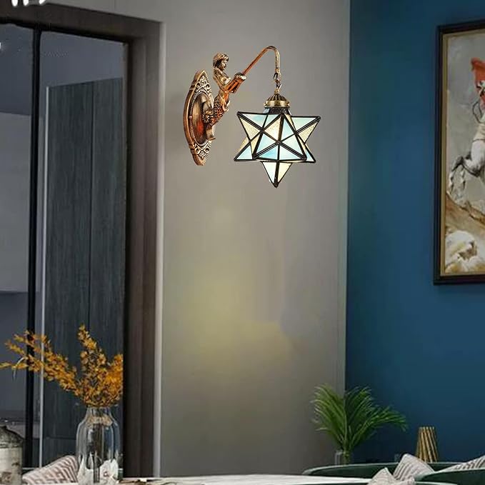 Moravian Star Wall Light with Tiffany Stained Glass Cover, Vintage Rustic Industrial Wall Sconce Retro Wall Mount Lamps Fixture 1-Light,Sky Blue