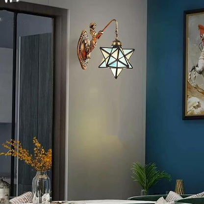 Moravian Star Wall Light with Tiffany Stained Glass Cover, Vintage Rustic Industrial Wall Sconce Retro Wall Mount Lamps Fixture 1-Light,Sky Blue
