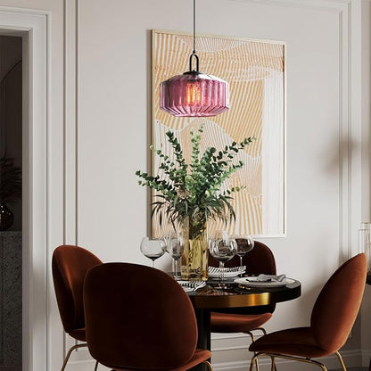 Mid Century Hanging Light Glass Ceiling Pendant Lights Kitchen Island Vintage Pendant Lighting Purple Glass Globe Shade Modern Pendant Light fixtures Black Finish Dining Room Bedroom