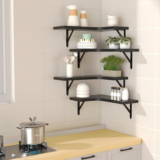 ROMGUAR CRAFT Corner Floating Shelves Wall Mounted Set of 4, Rustic Wood Storage Display Wall Shelves for Home Decor, Bathroom, Kitchen, Bedroom, Living Room, Office (Black)