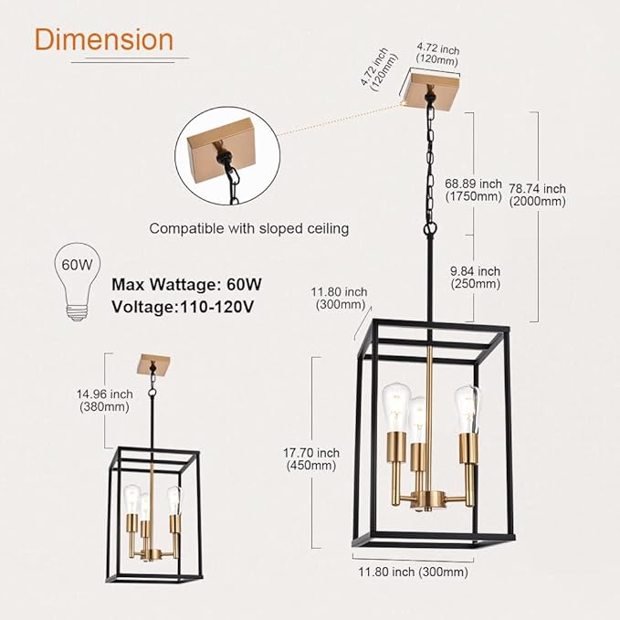 VINLUZ 3 Light Vintage Industrial Pendant Light, Lantern Cage Chandelier in Black and Brushed Brass Finish Classic Hanging Kitchen Lighting for Foyer Dining Room Kitchen Island, Bedroom