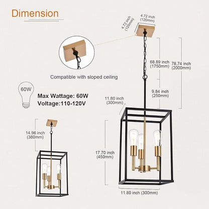 VINLUZ 3 Light Vintage Industrial Pendant Light, Lantern Cage Chandelier in Black and Brushed Brass Finish Classic Hanging Kitchen Lighting for Foyer Dining Room Kitchen Island, Bedroom