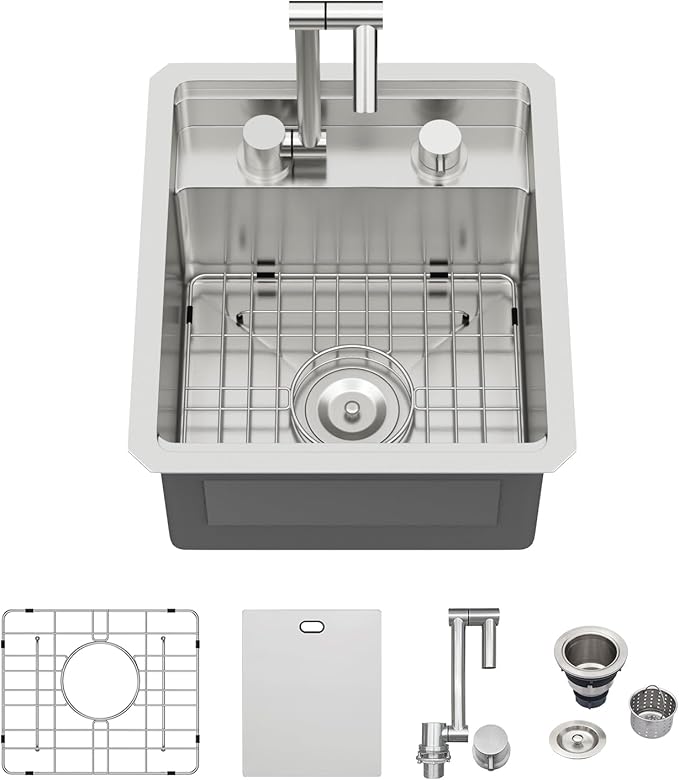 Logmey 15" RV Outdoor Kitchen Sink Undermount with Foldable Faucet and Cover,16 Gauge Stainless Steel Handmade 15x17 Single Bowl Sink for Outdoor Kitchen,Patio,Camper