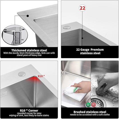 27 inch Kitchen Sink Drop in Stainless Steel Top Mount Sink with Brushed Finish, Single Bowl Workstation Sink with Basket Strainer and Kitchen Sink Caddy Organizer 26.8"D x 17.7"W x 8.3"H