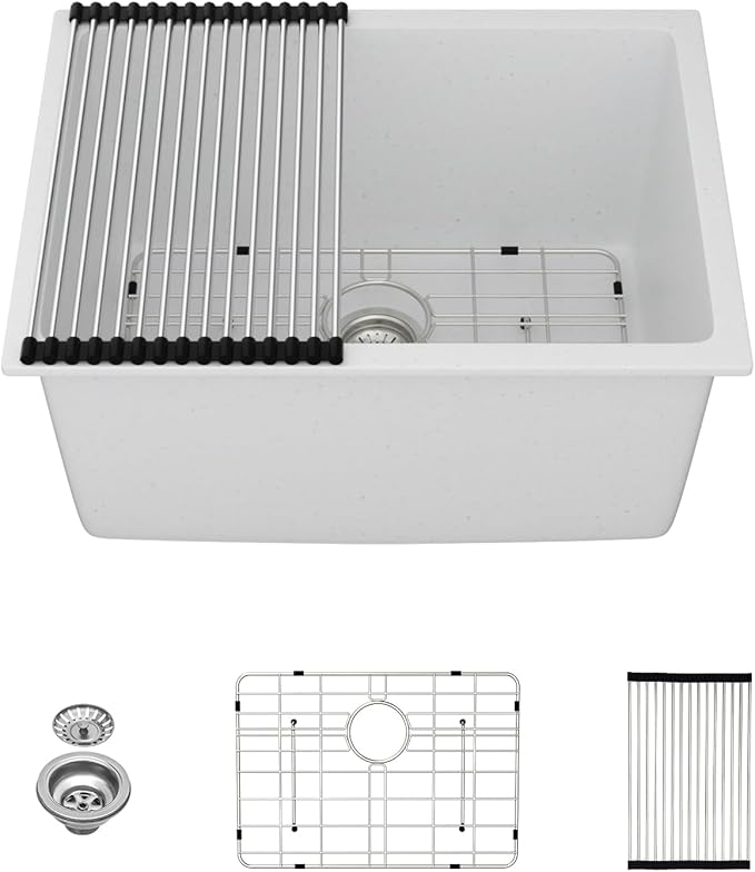 Kichae 24 Laundry Room Sink - 24"x18"x12" White Granite Composite Undermount Laundry Utility Sink White Quartz 12" Deep Under Counter Single Bowl Sink Basin