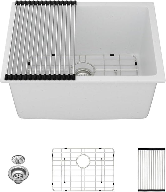 Kichae 24 Laundry Room Sink - 24"x18"x12" White Granite Composite Undermount Laundry Utility Sink White Quartz 12" Deep Under Counter Single Bowl Sink Basin