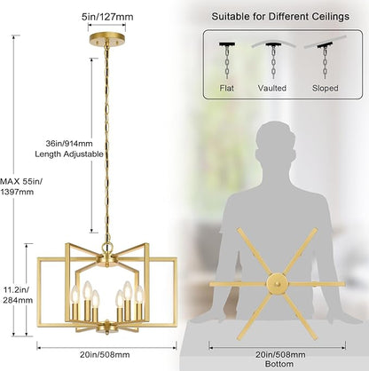 6 Light Gold Chandelier, Dining Room Light Fixture, Modern Farmhouse Industrial Metal Geometric Ceiling Light Rustic Hanging Pendant Lights with E12 base for Kitchen Island Entryway Foyer, Indoor