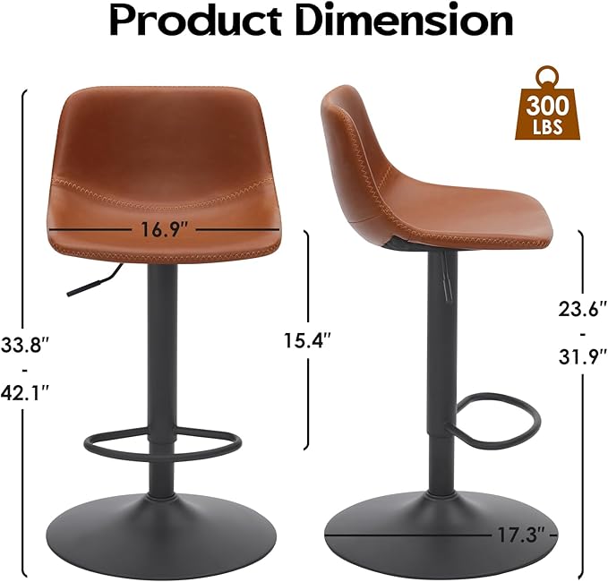 Adjustable Bar Stools Set of 2, Swivel Bar Stools, Bar Height Stools with Back Support Counter Height Bar Chairs Pu Leather Bar Stool for Kitchen Island Rustic Bar stools