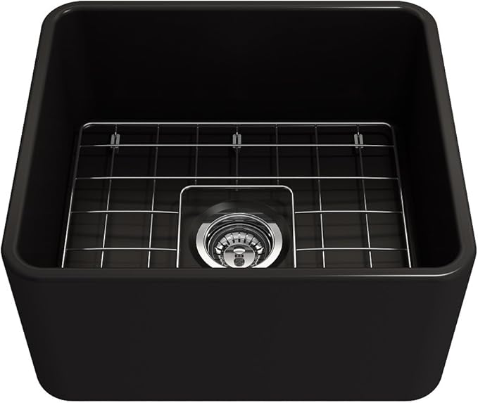 BOCCHI Classico Farmhouse Apron Front Fireclay 20 in. Single Bowl Kitchen Sink with Protective Bottom Grid and Strainer in M.Black